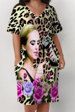 Black Casual Leopard Stripe Graffiti Print V Neck Long Sleeve Loose Pockets Straight Midi T-Shirt Dress