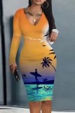 Red Green Graffiti Print V Neck Long Sleeve Casual Outing Bodycon Pencil Midi Dress