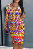 Green Geometric Print V Neck Long Sleeve Casual Outing Bodycon Pencil Midi Dress