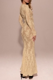 Khaki Floral Print O Neck Long Sleeve Formal Evening Party Prom Bodycon Maxi Dresses
