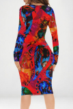 Blue Heart Pattern Geometric Print V Neck Long Sleeve Casual Outing Bodycon Pencil Midi Dress