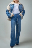 Blue High Waist Buckle Slit Casual Straight Leg Denim Jeans
