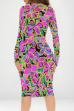 Purple Floral Print V Neck Long Sleeve Casual Outing Bodycon Pencil Midi Dress
