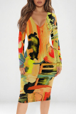 Purple Floral Print V Neck Long Sleeve Casual Outing Bodycon Pencil Midi Dress