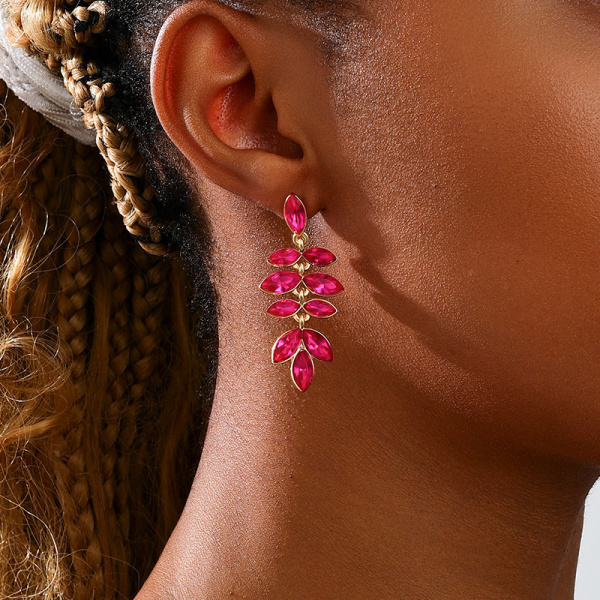 Rose Red Gemstone Dangling Drop Leaf Wheat Ear Earrings