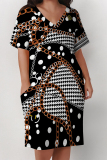 White Gold Casual Stripe Plaid Chain Print Basic V Neck Long Sleeve Loose Pockets Straight Midi T-Shirt Dress