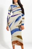 Color Street Stripe Splashed Ink Print Half A Turtleneck Long Sleeve Bodycon Maxi Dresses