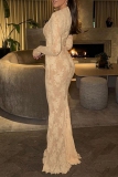 Khaki Floral Print O Neck Long Sleeve Formal Evening Party Prom Bodycon Maxi Dresses