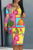 Red Green Graffiti Print V Neck Long Sleeve Casual Outing Bodycon Pencil Midi Dress