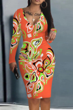 Green Geometric Print V Neck Long Sleeve Casual Outing Bodycon Pencil Midi Dress