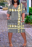 White Gold Casual Stripe Plaid Chain Print Basic V Neck Long Sleeve Loose Pockets Straight Midi T-Shirt Dress
