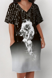 Teal Casual Letters Flowers Animal Print Basic V Neck Long Sleeve Loose Pockets Straight Midi T-Shirt Dress