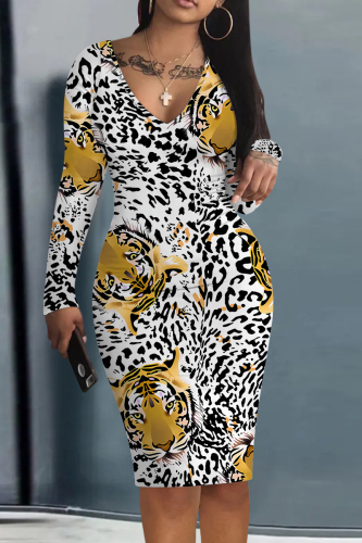 Leopard Camouflage Print V Neck Long Sleeve Casual Outing Bodycon Pencil Midi Dress