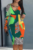 Leopard Camouflage Print V Neck Long Sleeve Casual Outing Bodycon Pencil Midi Dress