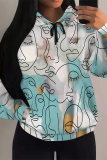 Light Blue Casual Stripe Map Printing Draw String Pocket Long Sleeve Fall Winter Hooded Sweatshirt