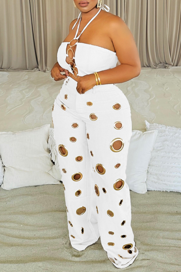 White Casual Sleeveless Cutout Design Halter Strapless Crop Top and Ripped Pants Summer Outings Two Pieces Trouser Sets