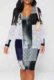 Green Geometric Print V Neck Long Sleeve Casual Outing Bodycon Pencil Midi Dress