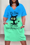 Teal Casual Letters Flowers Animal Print Basic V Neck Long Sleeve Loose Pockets Straight Midi T-Shirt Dress