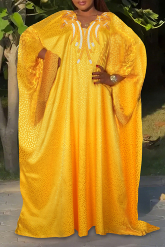 Yellow Casual Embroidery Bat-wing Sleeve V Neck Plus Size Loose Vacation Maxi Boho Robe Dresses