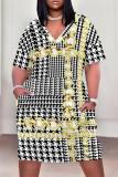 White Gold Casual Stripe Plaid Chain Print Basic V Neck Long Sleeve Loose Pockets Straight Midi T-Shirt Dress