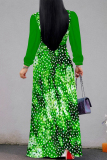 Grass Green Leaves The stars Print V Neck Long Sleeve Belted Waist Vacation Maxi Dress
