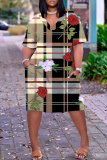 White Gold Casual Stripe Plaid Chain Print Basic V Neck Long Sleeve Loose Pockets Straight Midi T-Shirt Dress