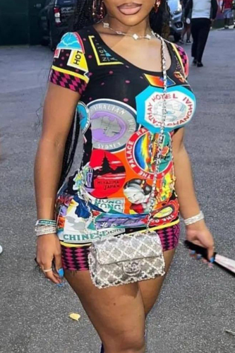 Color Casual Graphics Print U Neck Short Sleeve Bodycon Mini Dresses