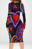 Blue Heart Pattern Geometric Print V Neck Long Sleeve Casual Outing Bodycon Pencil Midi Dress