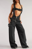 Blue Zipper Hollow Out Casual Loose Denim Jumpsuits Overall