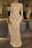 Khaki Floral Print O Neck Long Sleeve Formal Evening Party Prom Bodycon Maxi Dresses