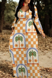 Green Plaid Floral Print V Neck Long Sleeve Loose Casual Outing Vacation Flowying Maxi Dress
