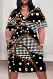 White Gold Casual Stripe Plaid Chain Print Basic V Neck Long Sleeve Loose Pockets Straight Midi T-Shirt Dress