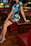 Color Casual Graphics Print U Neck Short Sleeve Bodycon Mini Dresses