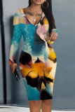 Purple Floral Print V Neck Long Sleeve Casual Outing Bodycon Pencil Midi Dress