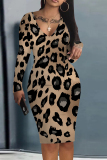Leopard Camouflage Print V Neck Long Sleeve Casual Outing Bodycon Pencil Midi Dress