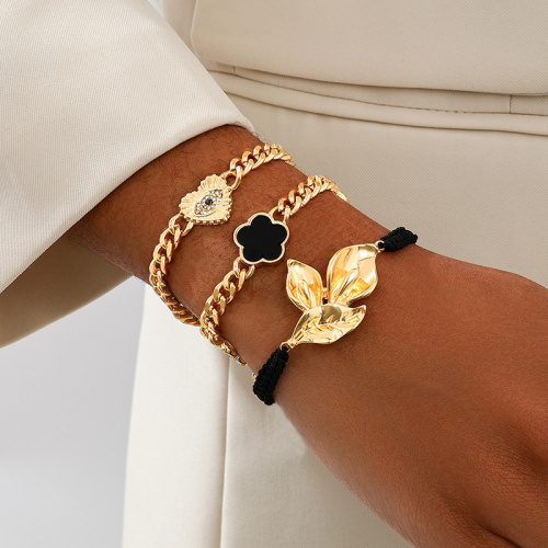 Gold Bohemian Beaded Heart Shaped Leaves Metal Accessories Trim Bracelets Three Piece Set