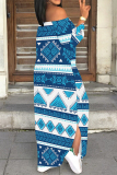 Pastel Green National Totem Print Off Shoulder Long Flutter Sleeve Lace Up Side Slit Vacation Boho Style Maxi Dresses