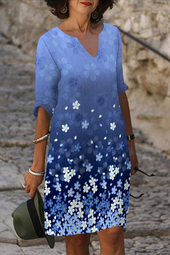 Blue Geometric Flowers Print V Neck Half Sleeve Casual Vacation Mini Dresses