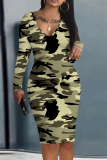 Leopard Camouflage Print V Neck Long Sleeve Casual Outing Bodycon Pencil Midi Dress