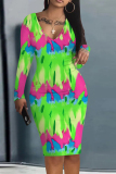 Green Geometric Print V Neck Long Sleeve Casual Outing Bodycon Pencil Midi Dress