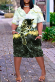 Teal Casual Letters Flowers Animal Print Basic V Neck Long Sleeve Loose Pockets Straight Midi T-Shirt Dress