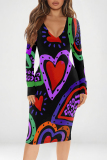 Blue Heart Pattern Geometric Print V Neck Long Sleeve Casual Outing Bodycon Pencil Midi Dress