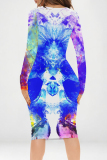 Blue Heart Pattern Geometric Print V Neck Long Sleeve Casual Outing Bodycon Pencil Midi Dress