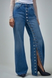 Blue High Waist Buckle Slit Casual Straight Leg Denim Jeans