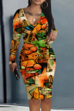 Purple Floral Print V Neck Long Sleeve Casual Outing Bodycon Pencil Midi Dress