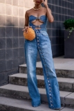 Blue High Waist Buckle Slit Casual Straight Leg Denim Jeans