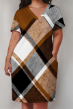 White Gold Casual Stripe Plaid Chain Print Basic V Neck Long Sleeve Loose Pockets Straight Midi T-Shirt Dress