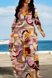 Green Plaid Floral Print V Neck Long Sleeve Loose Casual Outing Vacation Flowying Maxi Dress
