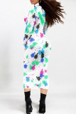 Color Street Stripe Splashed Ink Print Half A Turtleneck Long Sleeve Bodycon Maxi Dresses