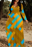 Green Plaid Floral Print V Neck Long Sleeve Loose Casual Outing Vacation Flowying Maxi Dress